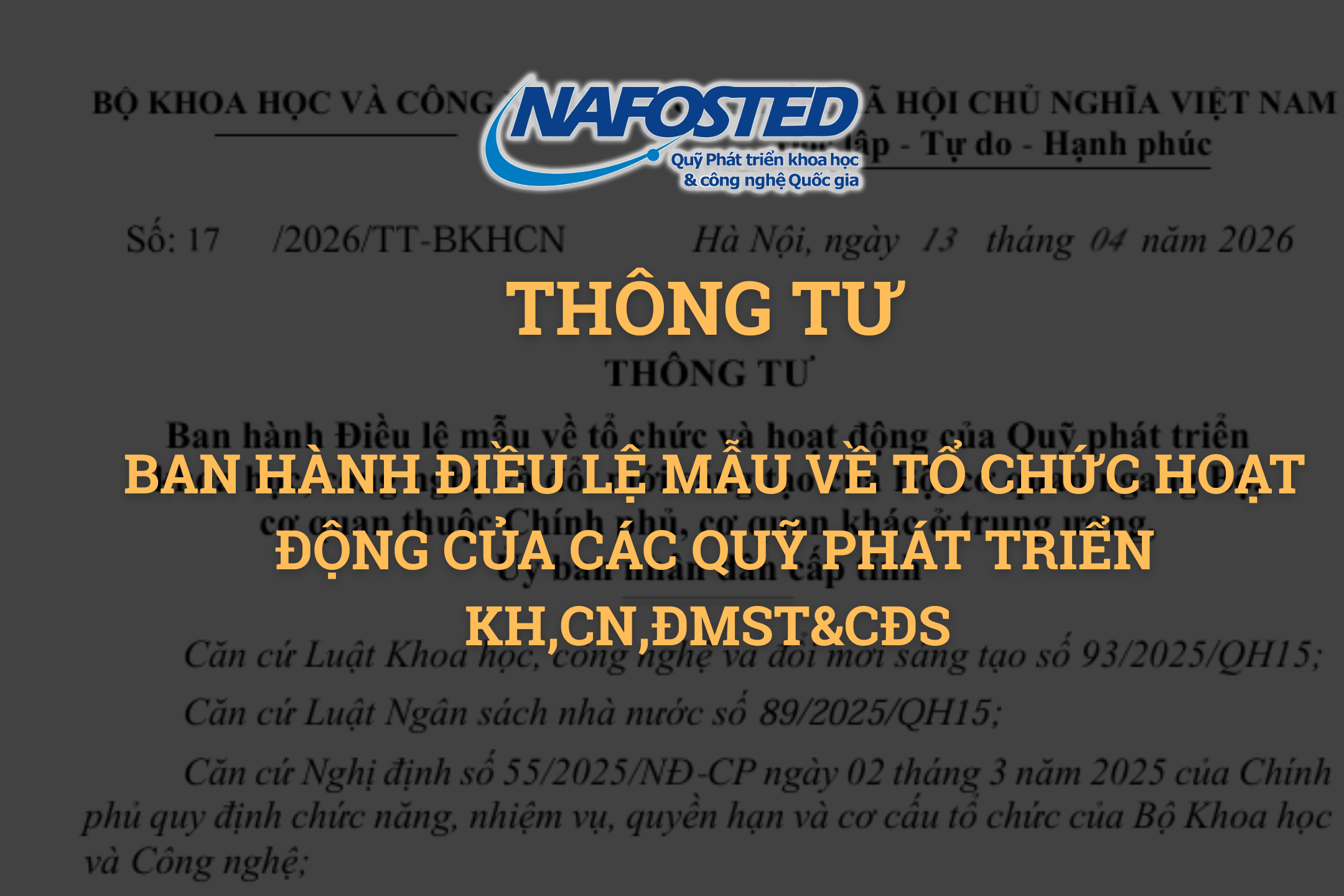 Áp dụng Điều lệ mẫu mới cho Quỹ phát triển khoa học, công nghệ và đổi mới sáng tạo từ ngày 16/4