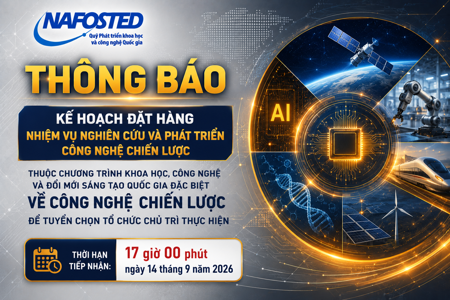 Thông báo kế hoạch đặt hàng nhiệm vụ nghiên cứu và phát triển công nghệ chiến lược thuộc Chương trình khoa học, công nghệ và đổi mới sáng tạo quốc gia đặc biệt về công nghệ chiến lược để tuyển chọn tổ chức chủ trì thực hiện