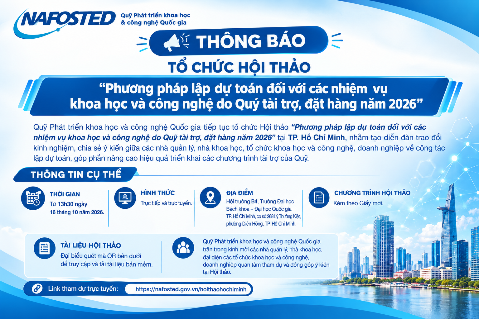 Thông báo tổ chức Hội thảo tại TP. Hồ Chí Minh về Phương pháp lập dự toán đối với các nhiệm vụ khoa học và công nghệ do Quỹ tài trợ, đặt hàng năm 2026