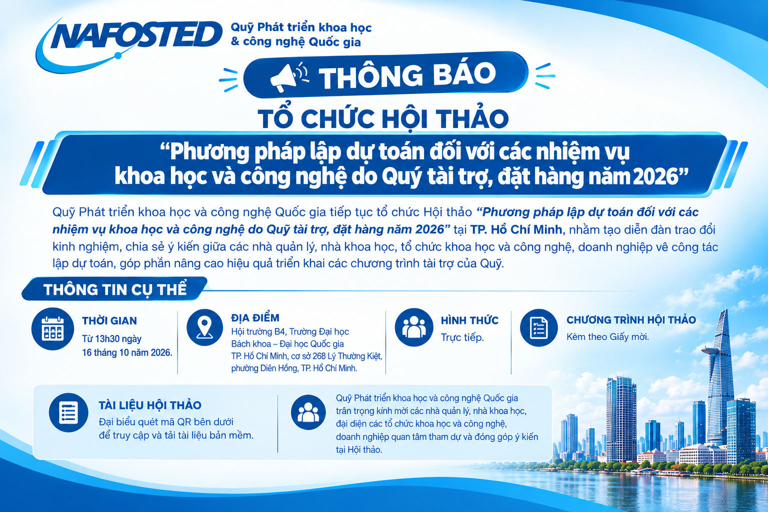Thông báo tổ chức Hội thảo tại TP. Hồ Chí Minh về Phương pháp lập dự toán đối với các nhiệm vụ khoa học và công nghệ do Quỹ tài trợ, đặt hàng năm 2026